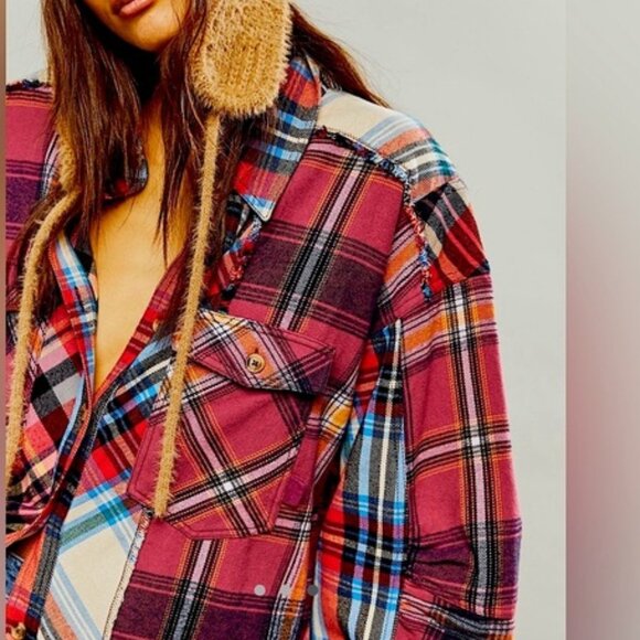 We The Free Patched Up Plaid Shirt Extra Small Berry Combo - Picture 3 of 8